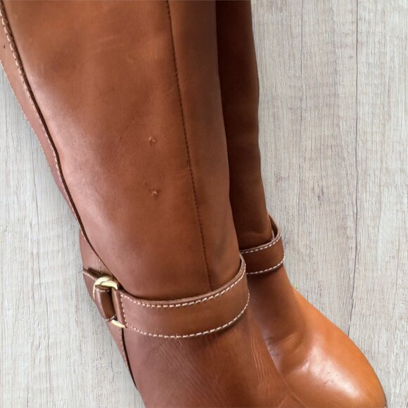 Lauren Ralph Lauren Honey Brown Valora Pull On Buckle Mid Calf Stacked Heel Boot - Picture 5 of 11
